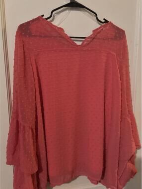 Coral Sheer Polka Dot Bell Sleeve Tunic Blouse Size XL
